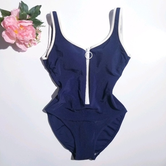 BALTEX 90S Vintage Retro Silhouette Zip Front Swimsuit - Picture 1 of 15